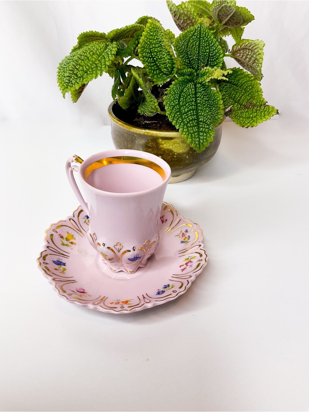 Vintage Gorgeous Pink Gilded Porcelain Demitasse Cup & Saucer - Bone China Czech